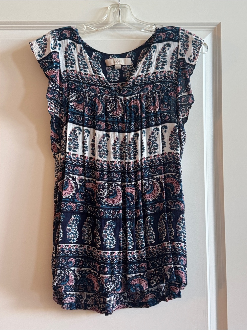 LOFT Navy, White & Pink Paisley V-Neck Tunic
